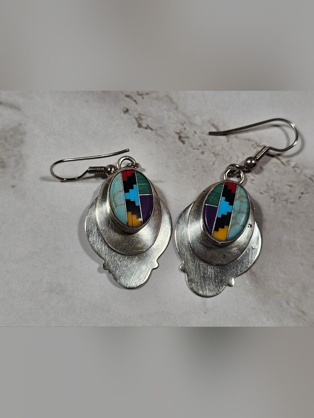 Vintage Sterling and Inlaid Stone Earrings